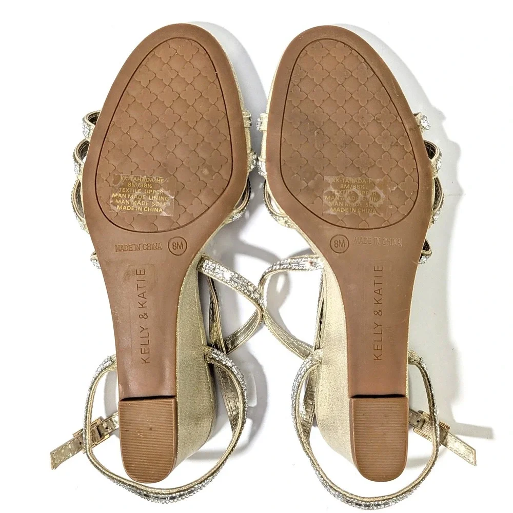 Kelly & Katie Tahada Gold Rhinestone Wedge Sandals Size 8M 38.5